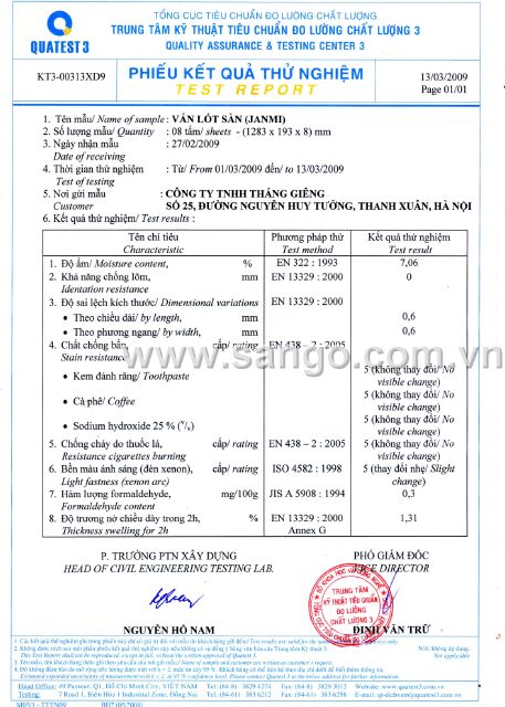 Test Report sàn gỗ công nghiệp Janmi