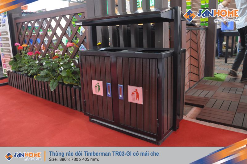 Thùng rác đôi Timberman TR03-GI có mái che thực tế