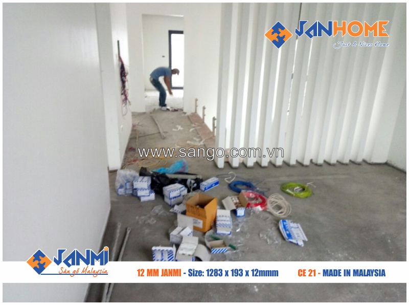 Tổng diện tích thi công sàn gỗ JANMI CE21 gồm 2 tầng nhà là 118 m2